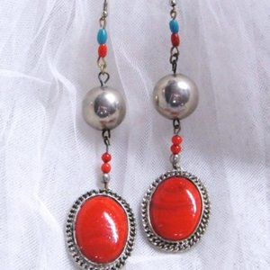 Silver Red Blue Long Dangle Drop Earrings 5.5"